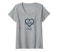 Melodía del Latido del corazón de los Amantes de la música para m Camiseta Cuello V, Mujer, Gris Jaspeado, M