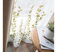 Melodieux Cortina Transparente con Bordado de Flores para Sala de Estar, Dormitorio, Cortina de Gasa con Bolsillo para Barra, Color Blanco/Verde, 132 x 244 cm (1 Panel)