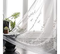 Melodieux Cortina Transparente con Bordado de Flores para Sala de Estar, Patio, Puerta corrediza, Ventana Ancha, Bolsillo para Barra, Cortina de Gasa, Flor Blanca, 100 x 96 Pulgadas (1 Panel)