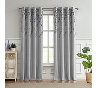 Melodieux Cortinas anchas de lino sintético con bordado de flores para oscurecer la habitación, para sala de estar, puerta de patio, ventana grande, cortina con ojales, flor gris, 100 x 84 pulgadas (1