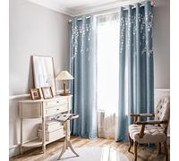 Melodieux Cortinas Opacas de Lino con Bordado de Flores Azules para Sala de Estar, Dormitorio, Cortina de Ventana con Ojales, Flor Blanca, 52 x 84 Pulgadas (1 Panel)