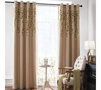 Melodieux Cortinas Opacas de Lino con Bordado de Flores para Sala de Estar, Dormitorio, Cortina de Ventana con Ojales Plateados, Color Beige/Verde, 132 x 244 cm (1 Panel)