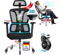 MELOKEA Silla de oficina ergonómica con rueda de goma, profundidad del asiento ajustable, bloqueable (90-140°), silla de escritorio giratoria con soporte lumbar automático, reposabrazos 4D, capacidad
