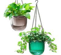 Melphoe Paquete de 2 macetas Colgantes de riego automático para Interiores, Cesta Colgante de 6.5 Pulgadas, Colgador con 3 Agujeros de Drenaje para jardín y hogar (Esmeralda + Gris)