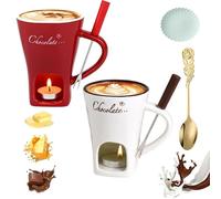 Meltie Cup, Chocolate Fondue Mug Set, Ceramic Cheese Melting Cup with Fork and Tea Candle, Handcrafted Fondue cup, Tea Light Heating Butter Warmer, for Cheese Chocolates Butter (2pcs-2,with Candle)
