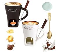 Meltie Cup, Chocolate Fondue Mug Set, Ceramic Cheese Melting Cup with Fork and Tea Candle, Handcrafted Fondue cup, Tea Light Heating Butter Warmer, for Cheese Chocolates Butter (2pcs-3,with Candle)