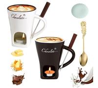 Meltie Cup, Chocolate Fondue Mug Set, Ceramic Chocolate Fondue Coffee Cup with Forks, Mini Simmer Mug for Cheese, Tea Light Heating Butter Warmer, for Cheese Chocolates Butter (2pcs-3,with Candle)
