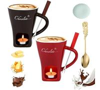 Meltie Cup, Chocolate Fondue Mug Set, Ceramic Chocolate Fondue Coffee Cup with Forks, Mini Simmer Mug for Cheese, Tea Light Heating Butter Warmer, for Cheese Chocolates Butter (2pcs-1,with Candle)