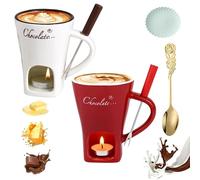 Meltie Cup, Chocolate Fondue Mug Set, Ceramic Chocolate Fondue Coffee Cup with Forks, Mini Simmer Mug for Cheese, Tea Light Heating Butter Warmer, for Cheese Chocolates Butter (2pcs-2,no Candle)