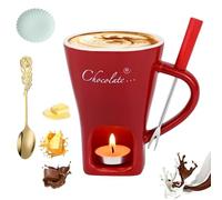 Meltie Cup, Chocolate Fondue Mug Set, Ceramic Chocolate Fondue Coffee Cup with Forks, Mini Simmer Mug for Cheese, Tea Light Heating Butter Warmer, for Cheese Chocolates Butter (Red,no Candle)