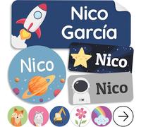 melu kids® Set de Etiquetas para Ropa Personalizadas Guardería (100 piezas) - Pegatinas Personalizadas, Etiquetas Ropa Niños y Objetos, Impermeable y en Diferentes Tamaños - Galaxia