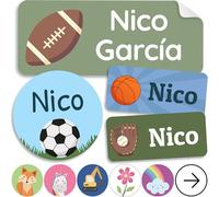 melu kids® Set de Etiquetas para Ropa Personalizadas Guardería (50 piezas) - Pegatinas Personalizadas, Etiquetas Ropa Niños y Objetos, Impermeable y en Diferentes Tamaños - Deporte