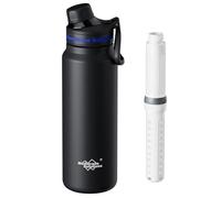 Membrane Solutions Botella de Filtro de Agua Supervivencia de Acero Inoxidable 900 ml (32 oz), Cartucho de Filtro ACF + UF, Elimina el 99,9999% de E.coli, Precisión de 0,1 μm, Emergencia, Negro