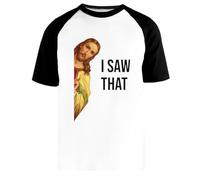 Meme De Jesús Vi A Ese Dios Cristiano Camiseta Beisbol Blanca Unisex Manga Corta Negra Unisex White Baseball T-Shirt Black Short Sleeve