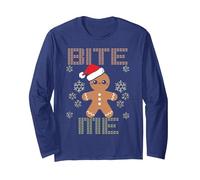 Meme navideño con el Hombre de Jengibre Que me muerde un Copo de Nieve, Lindo y Divertido Manga Larga, Unisex para Adultos, Azul Marino, L
