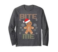 Meme navideño con el Hombre de Jengibre Que me muerde un Copo de Nieve, Lindo y Divertido Manga Larga, Unisex para Adultos, Jaspeado Oscuro, M
