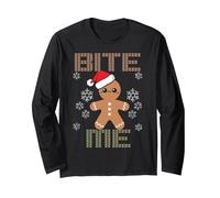 Meme navideño con el Hombre de Jengibre Que me muerde un Copo de Nieve, Lindo y Divertido Manga Larga, Unisex para Adultos, Negro, M