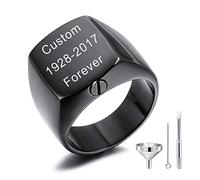 MeMeDIY Anillo de la Urna de Cremación Personalizada El Anillo de Signet para Mujeres y Hombres Grabado Imagen en Color Acero Inoxidable Porta Cenizas conmemorativo Keepsake (Negro Tamaño 30)