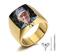 MeMeDIY Anillo de la Urna de Cremación Personalizada El Anillo de Signet para Mujeres y Hombres Grabado Imagen en Color y Negro Foto Nombre/Texto Acero Inoxidable Porta Cenizas Conmemorativo Recuerdo