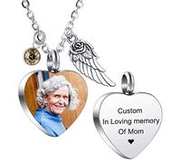 MeMeDIY Colgante de ala de ángel Personalizado corazón urna Collar Grabado Foto/Nombre Piedras natales para Hombres Mujeres Mascota Acero Inoxidable Cenizas Embudo Kit