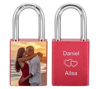 MeMeDIY Foto de grabado de Love Lock personalizada Imagen personalizada para parejas Hombres Mujeres Novio Novia Amante Aluminio Memorial Aniversario Valentine Bridge Candado con llave (Color rojo)