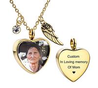 MeMeDIY Foto Personalizada/Nombre para Hombres, Mujeres, alas de ángel, corazón, Colgante con Piedra Natal, Acero Inoxidable, Mascota, Cenizas humanas, Kit de Embudo conmemorativo (Dorado)