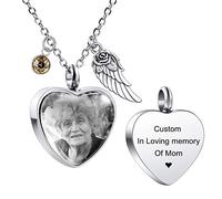 MeMeDIY Foto Personalizada/Nombre para Hombres, Mujeres, alas de ángel, corazón, Colgante con Piedra Natal, Acero Inoxidable, Mascota, Cenizas humanas, Kit de Embudo conmemorativo (Plateado)