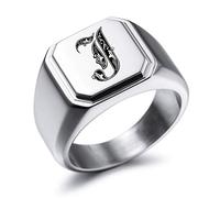 MeMeDIY Grabado Personalizado Monograma Carta Signet Anillo para Hombre Mujer Anillo de Boda de Acero Inoxidable Personalizado con Ajustadores de Tamaño de Anillo(Color Plateado Talla 13)