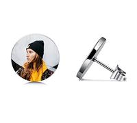 MeMeDIY Pendientes Redondos Personalizados con Grabado en Color y Imagen Negra/Nombre/Monograma Inicial/Texto/Foto Personalizada en Blanco para Hombres y Mujeres de Acero Inoxidable (Plateado)