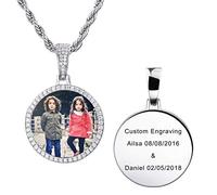 MeMeDIY Personalizada Collar con Imagen Grabado Texto/Nombre/Fecha Collar con Colgante Redondo y Alas de ángel y Forma de Corazón Collar de Fotos Personalizado de Doble Cara B3-22