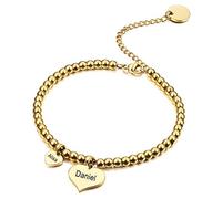 MeMeDIY Personalizado 2 Piezas Pulsera de Corazón Grabado Nombres Personalizados para Las Mujeres Novia Chica Acero Inoxidable Eslabón de Cuentas Ajustable (Color Dorado)