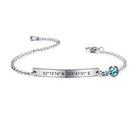 MeMeDIY Pulsera Personalizada Grabado con Nombre/Fecha/Coordenadas para Mujeres Eslabón de Acero Inoxidable, con Piedra de Nacimiento y Cadena Ajustable (plateado)
