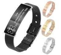 MeMeDIY Pulseras de Alerta Médica Personalizadas para Mujeres/Hombres Pulsera Impermeable de Silicona Ajustable/Pulseras de Acero Inoxidable Grabadas Con Info de Alerta de ID Médica Style-D2
