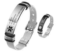 MeMeDIY Pulseras de Alerta Médica Personalizadas para Mujeres/Hombres Pulsera Impermeable de Silicona Ajustable/Pulseras de Acero Inoxidable Grabadas Con Info de Alerta de ID Médica Style-E1