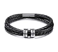 MeMeDIY Pulseras Personalizadas Grabado 2-6 Nombres Identificación Personalizada para Mujeres Hombres Cuero Genuino Cuentas de Acero Inoxidable Brazalete Trenzado Regalos de Dama de Honor (2 Cuentas)