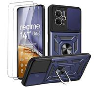 MEMELOKA Funda para Realme 14T 5G/Realme 14 5G/Realme P3 + Cristal Templado, Armor Carcasa Antiarañazos con 360° Soporte de Anillo, Antigolpes Carcasa con Cubierta de Cámara Deslizante, Azul