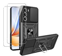 MEMELOKA Funda para Realme C71 5G/4G/Realme P3 Lite 4G + Cristal Templado, Armor Carcasa Militar Antiarañazos con 360° Soporte de Anillo, Antigolpes Carcasa con Cubierta de Cámara Deslizante, Negro