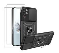 MEMELOKA Funda para RedMagic 10 Pro 5G + 2 Piezas Cristal Templado, Armor Carcasa Militar Antiarañazos con 360° Soporte de Anillo, Antigolpes Carcasa con Cubierta de Cámara Deslizante, Negro