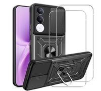 MEMELOKA Funda para Vivo V70 FE + 2 Piezas Cristal Templado, Armor Carcasa Militar Antiarañazos con 360° Soporte de Anillo, Antigolpes Carcasa con Cubierta de Cámara Deslizante, Negro