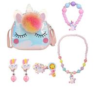 MEMOFYND 1 bolso de hombro de dibujos animados y 6 accesorios, juego de joyas, juguete de princesa, collar de pulsera, anillo de pendientes, adecuado para fiestas infantiles, fiestas de cumpleaños,