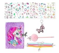 MEMOFYND 1 juego de caballo arcoíris, cuaderno morado con candado, pulsera tejida colorida, colgante de lentejuelas, bolígrafo de gel con pompón, pegatinas, diario, regalo de cumpleaños para niñas