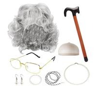 MEMOFYND 1 peluca, 1 sombrero de peluca, 1 gafas, 1 muleta, 1 pulsera, 1 collar y 1 par de aretes, accesorios de ropa para anciana, accesorios de vestir y bailar
