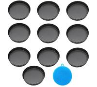 MEMOFYND 10 mini moldes para tartas con 1 cepillo de limpieza de silicona, molde de pastel de fondo extraíble, molde de pastel de acero al carbono