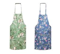 MEMOFYND 2 Delantales de Cocina Vintage Florales para Mujer con 2 Bolsillos (Azul, Verde) - para Hornear