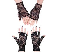 MEMOFYND 2 pares de guantes de encaje negro, guantes de medio dedo de encaje, guantes de Halloween, guantes de protección solar transpirables, aptos para fiestas de boda al aire libre, Negro , Talla