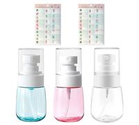 MEMOFYND 3 botellas de loción de 30 ml con 2 pegatinas, botellas de spray transparentes, botellas de cosméticos de perfume, botellas atomizadoras portátiles para viajes (transparente, azul, rosa).