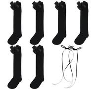 MEMOFYND 3 pares de medias negras y 2 pinzas para el pelo negras, lindas medias de lazo, calcetines escolares, calcetines uniformes para niñas de 7 a 12 años, Negro , S-L