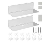 MEMOFYND Estantes suspendidos de acrílico - 2 unidades con 4 tornillos de expansión, 4 adhesivos sin uñas y 6 abrazaderas blancas para cables de datos - Autoadhesivo, pequeño estante de pared