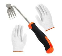 MEMOFYND Herramienta de escarda de 1 pieza con 1 par de guantes de gasa de algodón, gancho de escarda de cuatro dientes, herramienta de escarda de raíz, gancho de escarda de acero inoxidable,