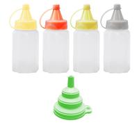 MEMOFYND Mini recipiente para salsa de 4 piezas con embudo plegable de 1 pieza, recipiente para salsa aplastable de 30 ml, dispensador de especias, botella de exprimible portátil para cocina, picnic